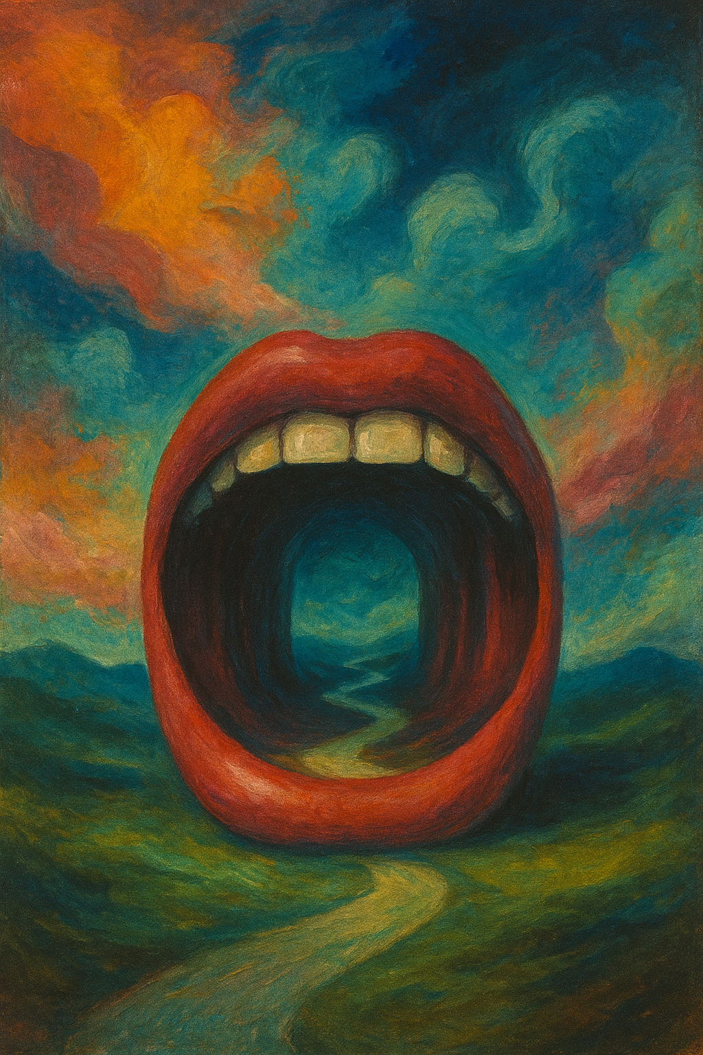 Surrealistyczne malarstwo w stylu vintage przedstawiające ogromne usta otwarte jak brama, z drogą prowadzącą w głąb wnętrza jamy ustnej, na tle kolorowego nieba